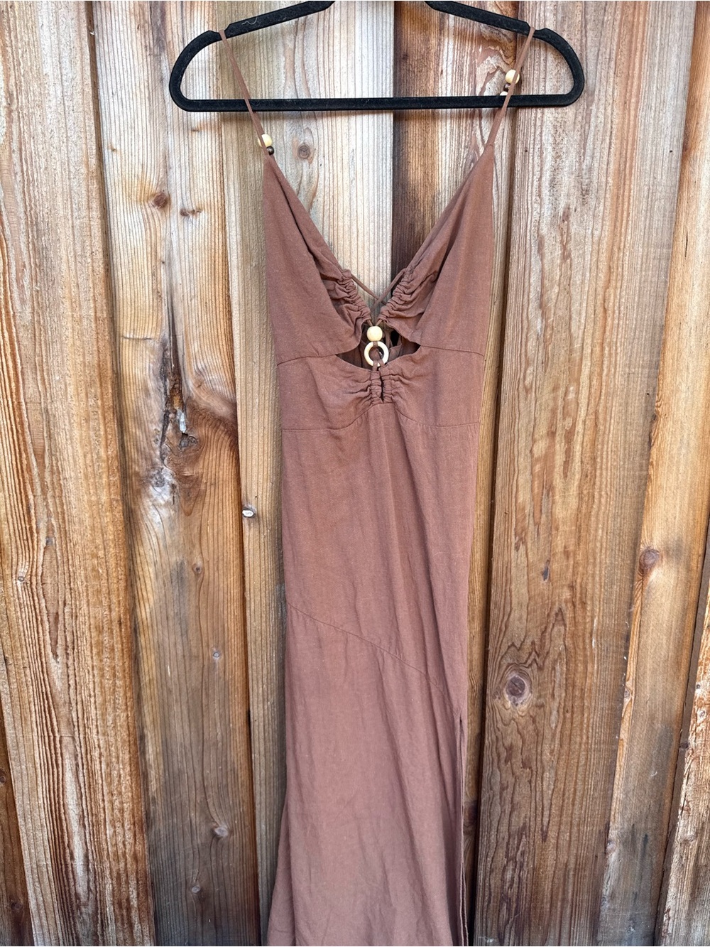 Zara Brown Spaghetti Strap Maxi Dress with Bead Detail